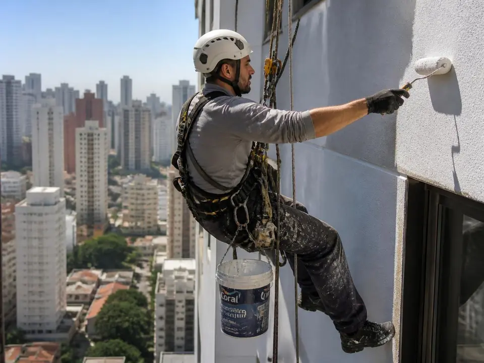 Alpinista industrial certificado pintando a fachada de um edifício em São Paulo